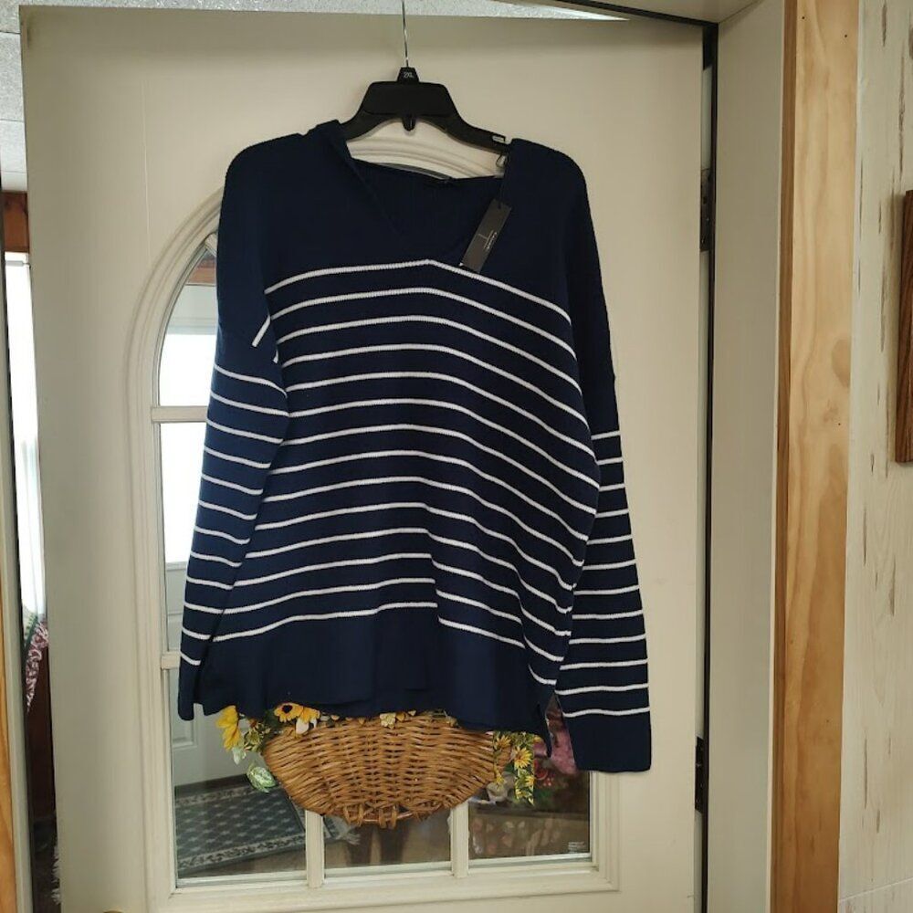 New Tahari Prussian Blue White Striped Hooded Sweater Size Women's XL